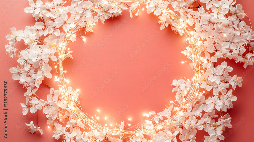 Fototapeta premium Delicate floral wreath with lights soft pink background decorative art indoor setting close-up shot warm ambiance