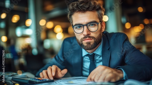 Caucasian male adult in business attire working in modern office setting photo