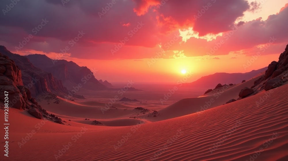 Naklejka premium Crimson Desert Sunset A Vibrant Panorama of Sand Dunes and Rugged Mountains Silhouetted Against a Fiery Sky