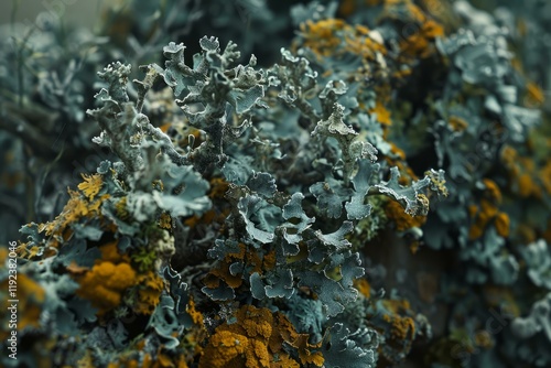 Close up of grey and yellow lichen growing on a rock, creating a beautiful and intricate pattern photo