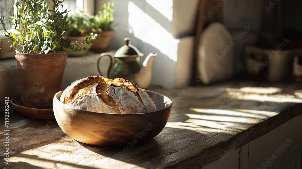 A bowl of freshly baked bread on a rustic wooden table in a farmhouse kitchen, with sunlight streaming through the window, casting warm shadows on the walls, in earthy browns, yellows, and greens A bowl of freshly baked bread on a rustic wooden table in a farmhouse kitchen, with sunlight streaming through the window, casting warm shadows on the walls, in earthy browns, yellows, and greens