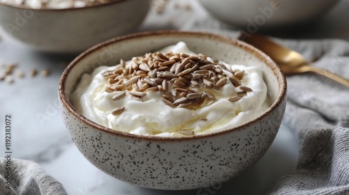 Flatlay of Greek yogurt with sunflower seeds and vanilla syrup