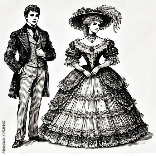 Antique ladie and man. Victorian Dame and gentleman.  hand-drawn vintage illustration . engraving style illustration.  photo