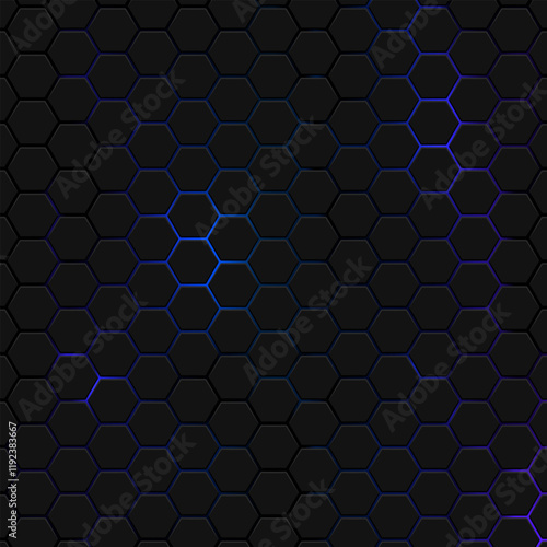 Hexagons honeycomb texture blue neon background, Abstract futuristic technology backdrop banner design, Vector illustration.