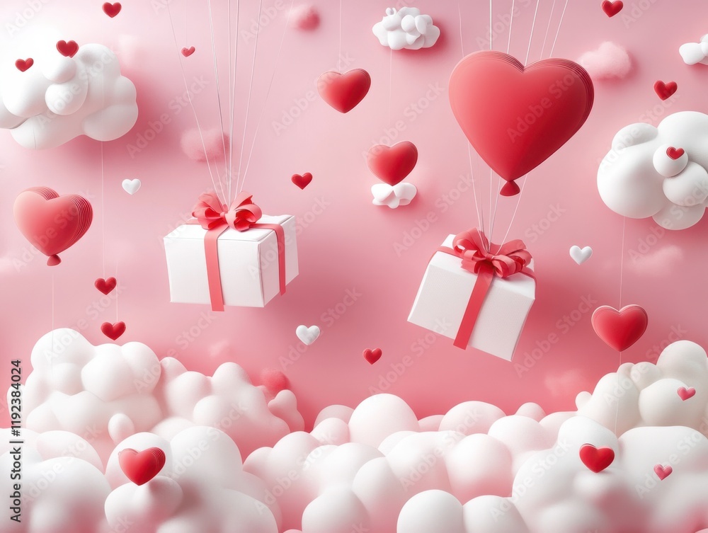 Heart Balloons and Gift Boxes Floating Among Fluffy Clouds Heart Balloons and Gift Boxes Floating Among Fluffy Clouds