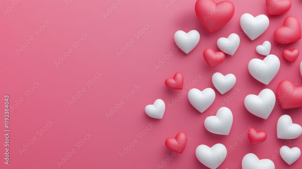 A vibrant arrangement of red and white hearts scattered across a soft pink background, conveying love and affection. A vibrant arrangement of red and white hearts scattered across a soft pink background, conveying love and affection.