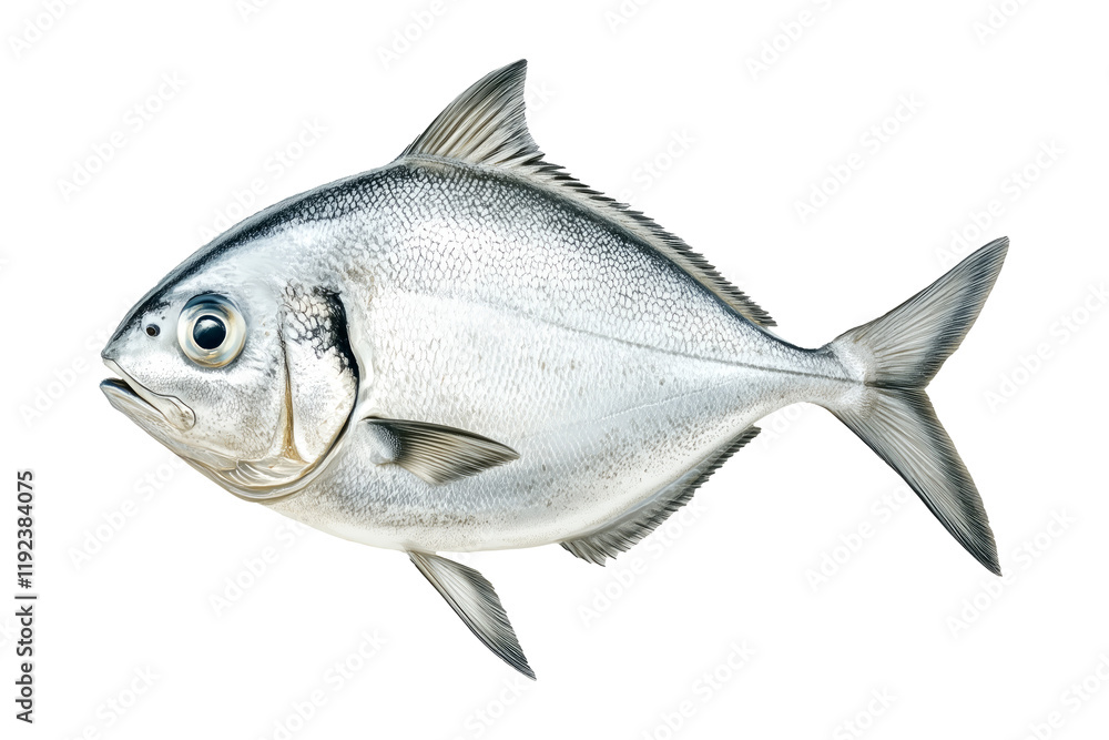 Fototapeta premium A silver Pomfret fish with striking details of fins and scales isolated on white Transparent background. Represents aquatic life and marine biology