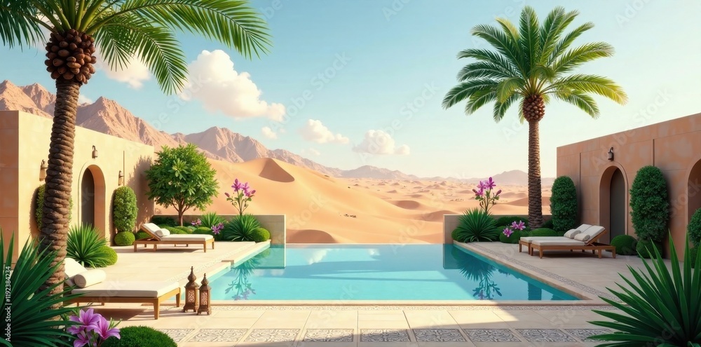 Fototapeta premium Desert Oasis Poolside Relaxation Luxurious Courtyard with Infinity Pool and Breathtaking Sand Dune Views