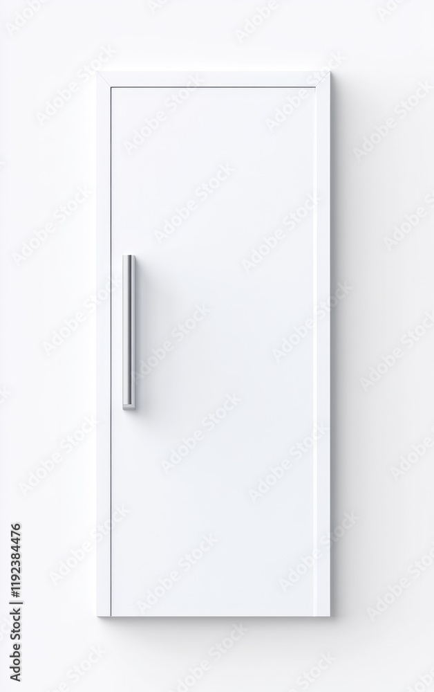 Minimalist white door with silver handle against a white wall. Minimalist white door with silver handle against a white wall.