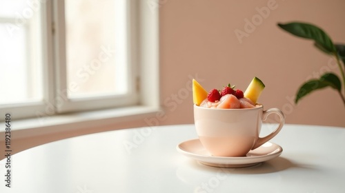 Wallpaper Mural A delightful pink cup filled with refreshing fruit sorbet, garnished with fresh strawberries and a slice of melon, sits elegantly on a white table near a bright window. Torontodigital.ca