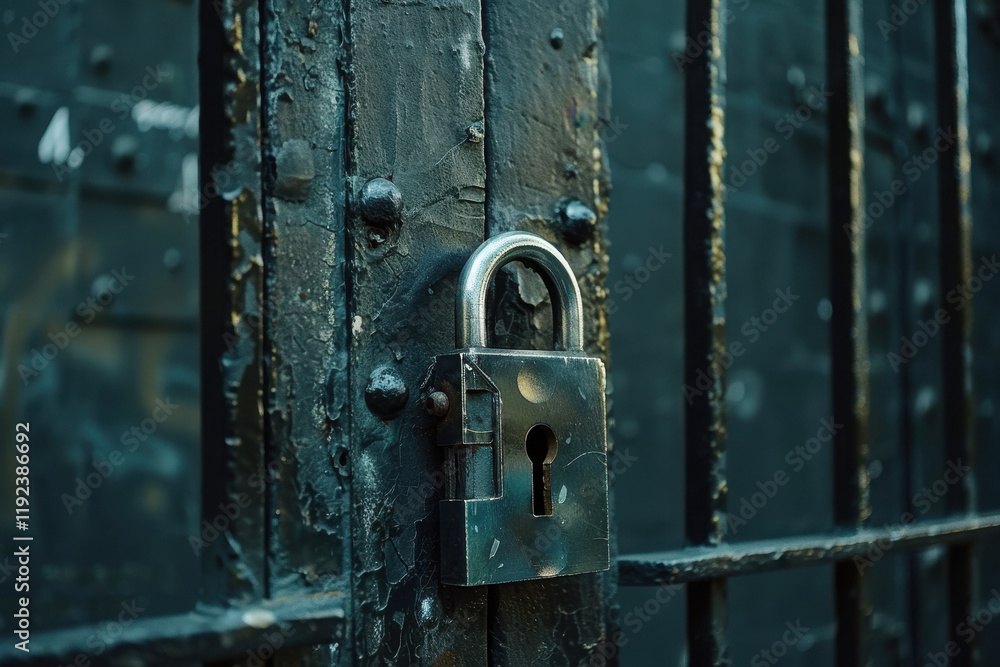 Secure padlock on a heavily rusted metal door in an abandoned building at dusk Secure padlock on a heavily rusted metal door in an abandoned building at dusk