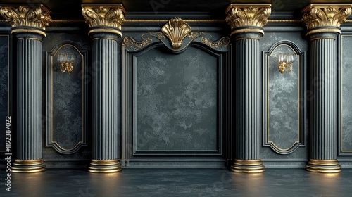 Opulent Palace Interior: Dark Grey Walls, Gold Accents, and Classic Columns