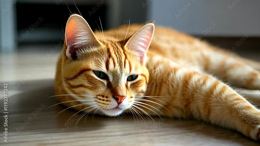 Relaxed ginger cat lounging on wooden floor in a cozy indoor space during daylight hours Relaxed ginger cat lounging on wooden floor in a cozy indoor space during daylight hours