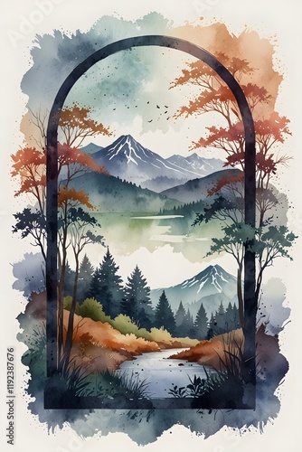 Landscapes captured through an ogival frame in watercolor style