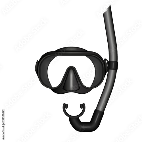 Realistic diving mask and snorkel tube black set 3d vector objects front view isolated on white, equipments for underwater adventures, snorkeling, and scuba diving, marine exploration.