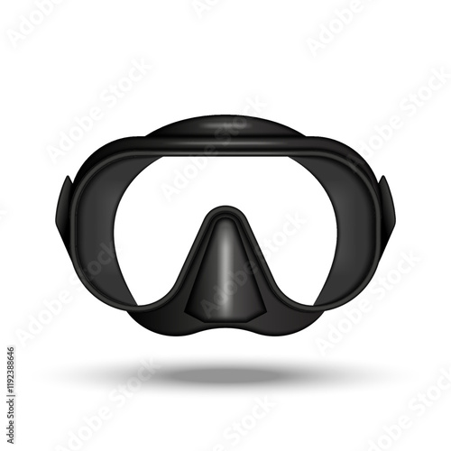 Black diving mask photo filter realistic 3d vector mockup front view for underwater exploration, snorkeling, scuba activities, and marine adventures.
