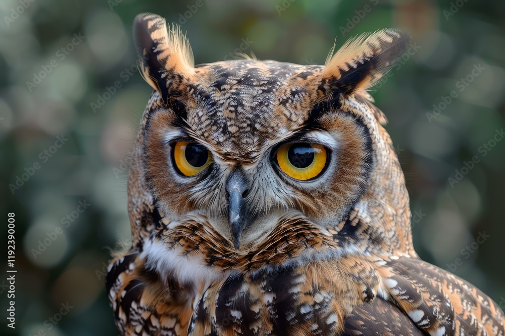 Close up of an owl showcasing its captivating yellow eyes and feathered ears, creating a powerful and mesmerizing image Close up of an owl showcasing its captivating yellow eyes and feathered ears, creating a powerful and mesmerizing image