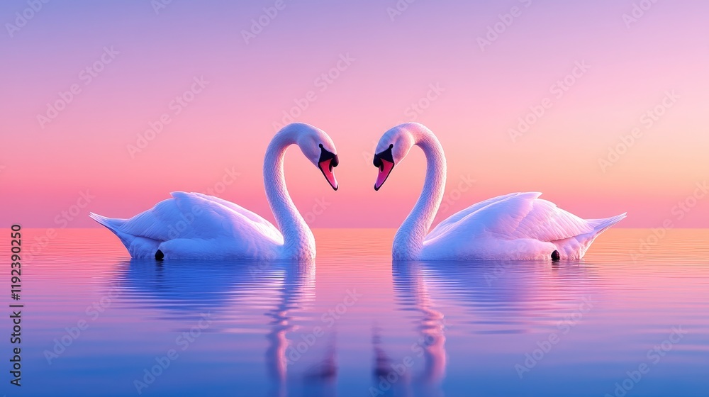 Obraz premium Two white swans forming a heart shape on calm water at sunset.