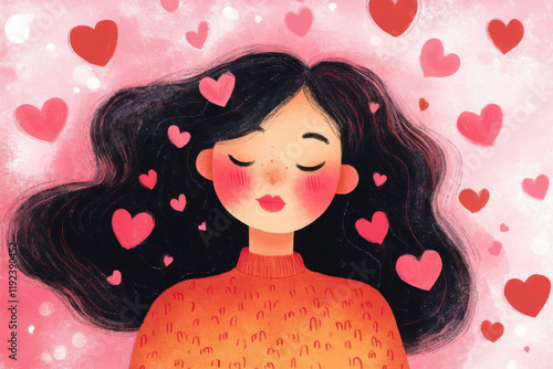 Illustration of a cute girl surrounded by drawn hearts, creating a playful and loving atmosphere photo