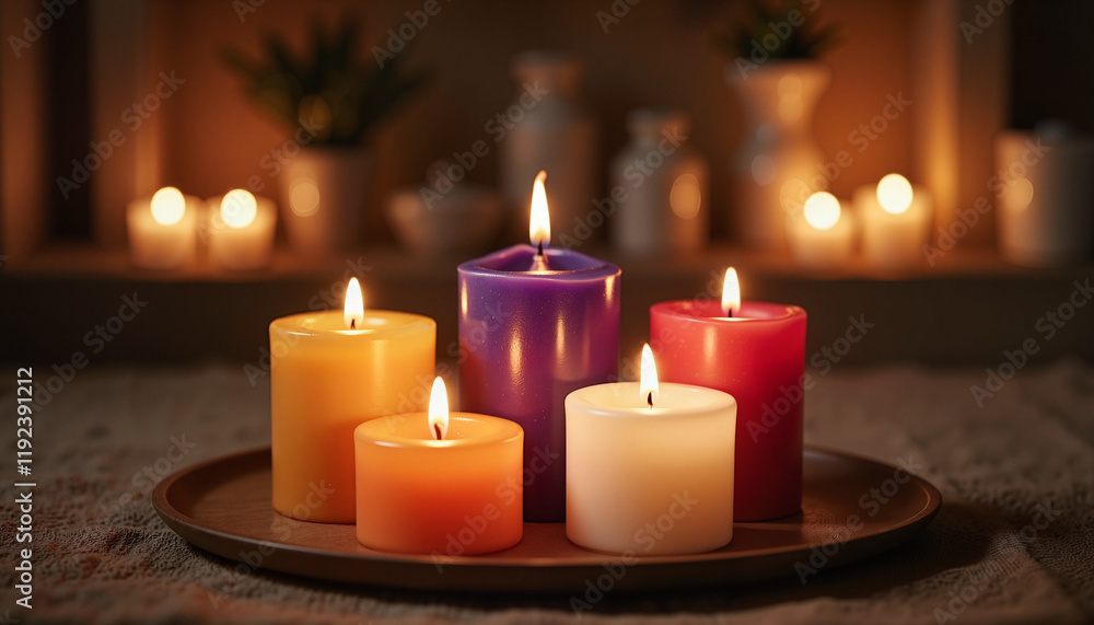 Chakra alignment with colorful candles in dim room, healing energy Chakra alignment with colorful candles in dim room, healing energy