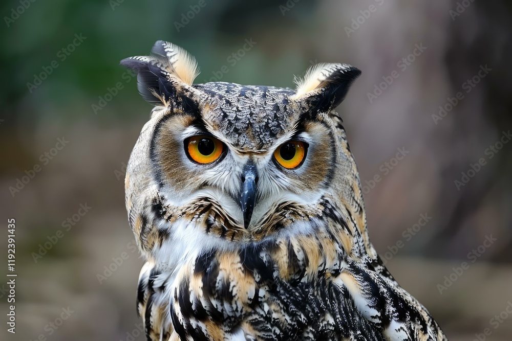 Close up of a eurasian eagle owl staring intensely, showcasing its striking orange eyes and detailed plumage Close up of a eurasian eagle owl staring intensely, showcasing its striking orange eyes and detailed plumage