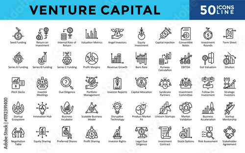 Venture Capital icons set with seed funding, return on investment, internal rate of return, valuation metrics, angel investors, equity investment, capital injection icon. Simple line vector 
