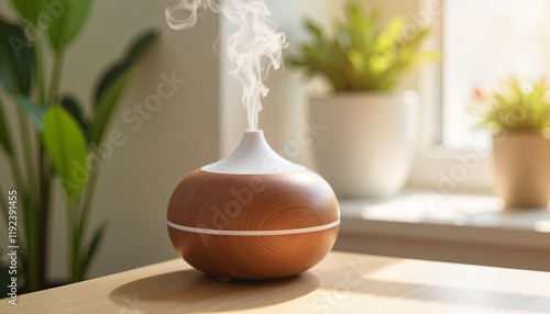 Essential oil diffuser emitting calming mist in bright room, relaxation photo