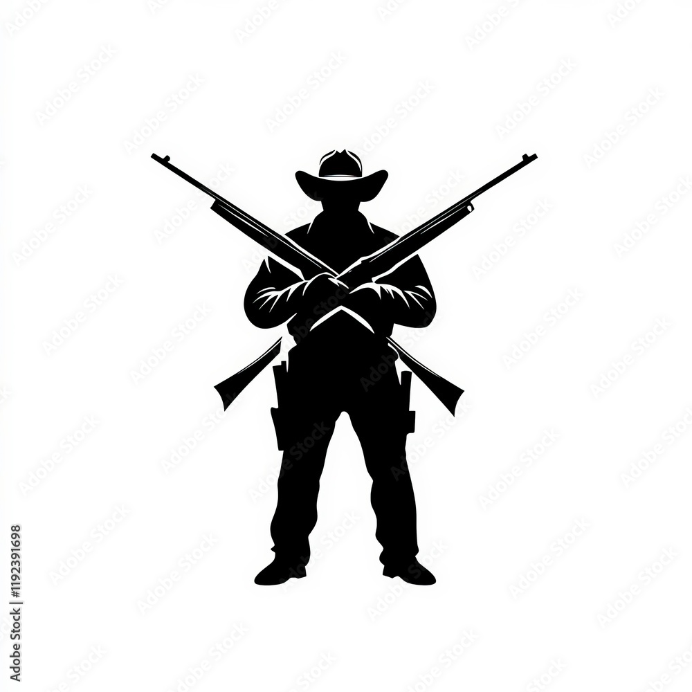 Silhouette of a standoff with crossed rifles and a cowboy hat at dusk Silhouette of a standoff with crossed rifles and a cowboy hat at dusk