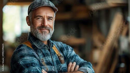 Portrait of a Confident Craftsman: A Skilled Carpenter in His Workshop photo