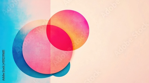 A vibrant abstract composition featuring overlapping circles in shades of pink, purple, and blue against a soft, light background.