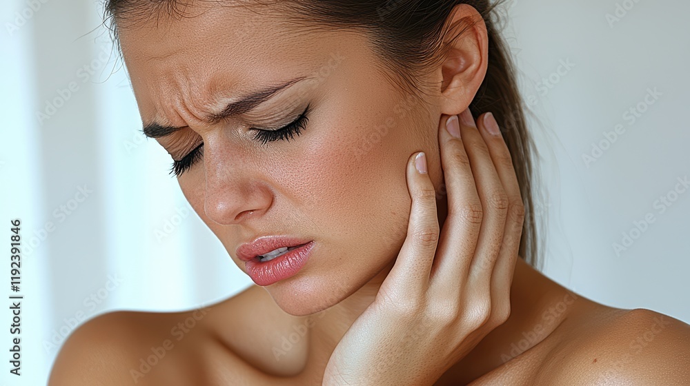 Naklejka premium Young caucasian female experiencing ear pain with discomfort expression