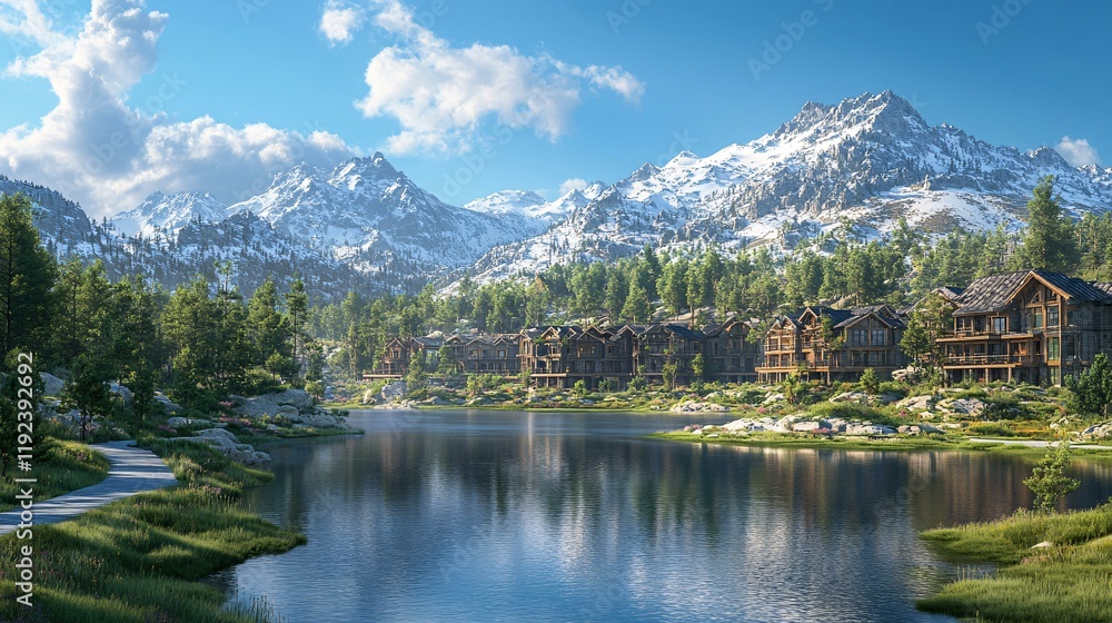 A realistic 3D landscape rendering of a serene mountain range with snow-capped peaks, a crystal-clear lake, and lush green forests. A realistic 3D landscape rendering of a serene mountain range with snow-capped peaks, a crystal-clear lake, and lush green forests.