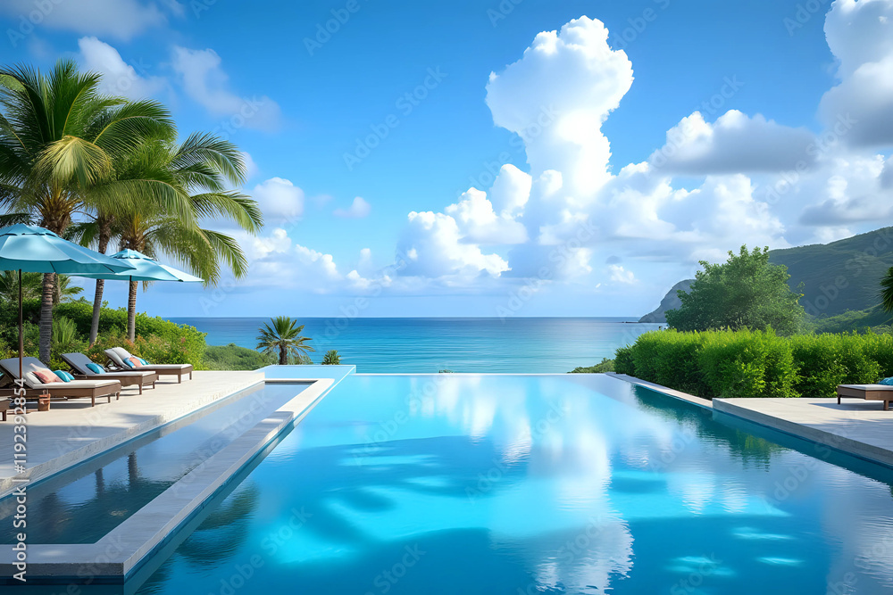 Stunning landscape, swimming pool blue sky with clouds. Fantastic relax and peaceful vibes, chairs, loungers under Stunning landscape, swimming pool blue sky with clouds. Fantastic relax and peaceful vibes, chairs, loungers under