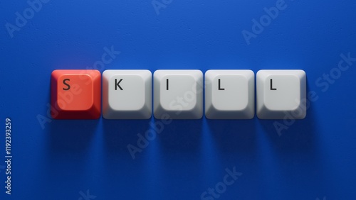 Word skill, Wooden small Computer keyboard keys with letters with copy space available.close up of Computer keyboard keys,Business Concept.3D rendering on blue background.