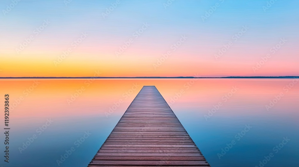 Naklejka premium Symmetry gradient concept. Serene wooden dock extending into calm waters at sunset, reflecting vibrant colors.