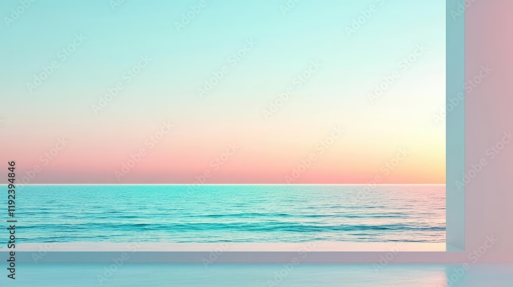 Vivid gradient concept. A serene view of the ocean through a modern window at sunset. Vivid gradient concept. A serene view of the ocean through a modern window at sunset.