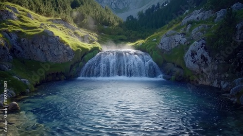 Serene Mountain Waterfall in a Scenic Pristine Forest Landscape