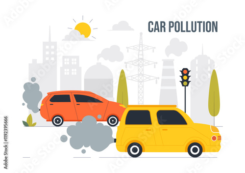 Car Air Pollution Vector Illustration featuring a Polluted Urban Environment, Vehicle Traffic, and Toxic Emissions from Automobiles and Transportation