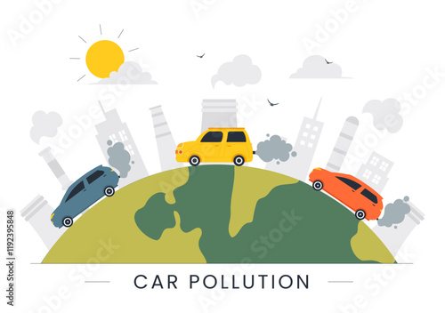 Car Air Pollution Vector Illustration featuring a Polluted Urban Environment, Vehicle Traffic, and Toxic Emissions from Automobiles and Transportation