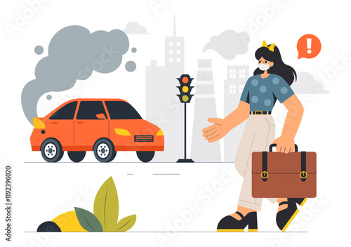 Car Air Pollution Vector Illustration featuring a Polluted Urban Environment, Vehicle Traffic, and Toxic Emissions from Automobiles and Transportation
