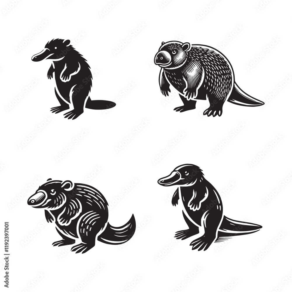 Monochrome Vector Silhouettes of the Standing Platypus Monochrome Vector Silhouettes of the Standing Platypus