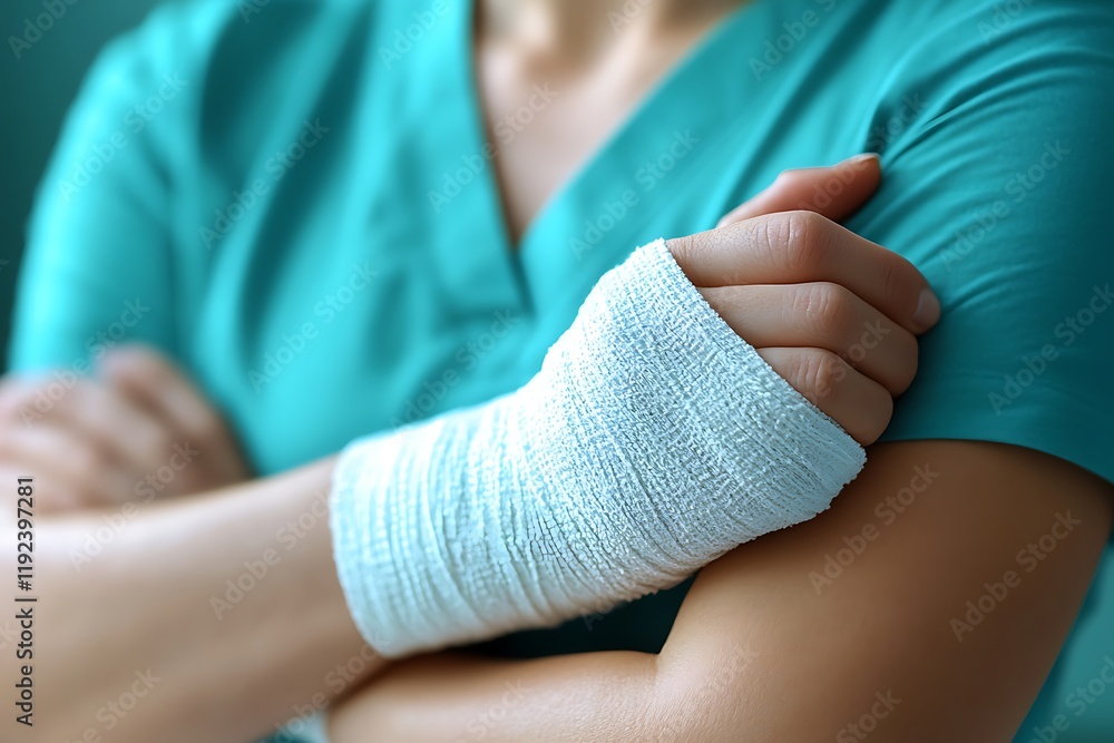 Close-up of a Person in a Teal Hospital Gown with a Bandaged Wrist Close-up of a Person in a Teal Hospital Gown with a Bandaged Wrist