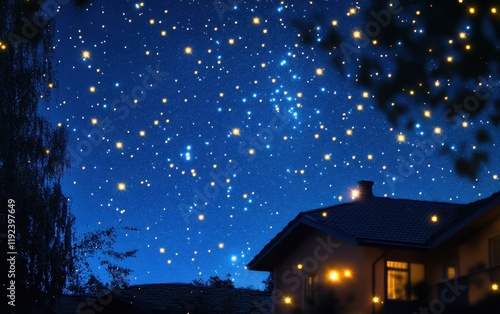 Wallpaper Mural Enchanted Night Sky Over a Cozy House with Starry Lights. Torontodigital.ca