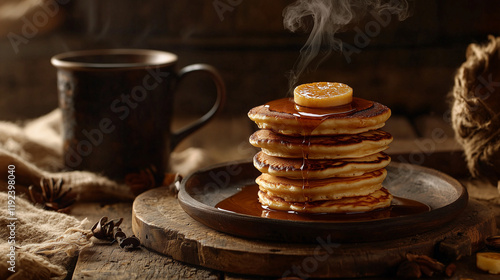 Wallpaper Mural A stack of golden pancakes with maple syrup, served on a rustic wooden plate, accompanied by a steaming cup of coffee. Set against a backdrop of warm, earthy colors, creating a cozy, inviting scene. Torontodigital.ca