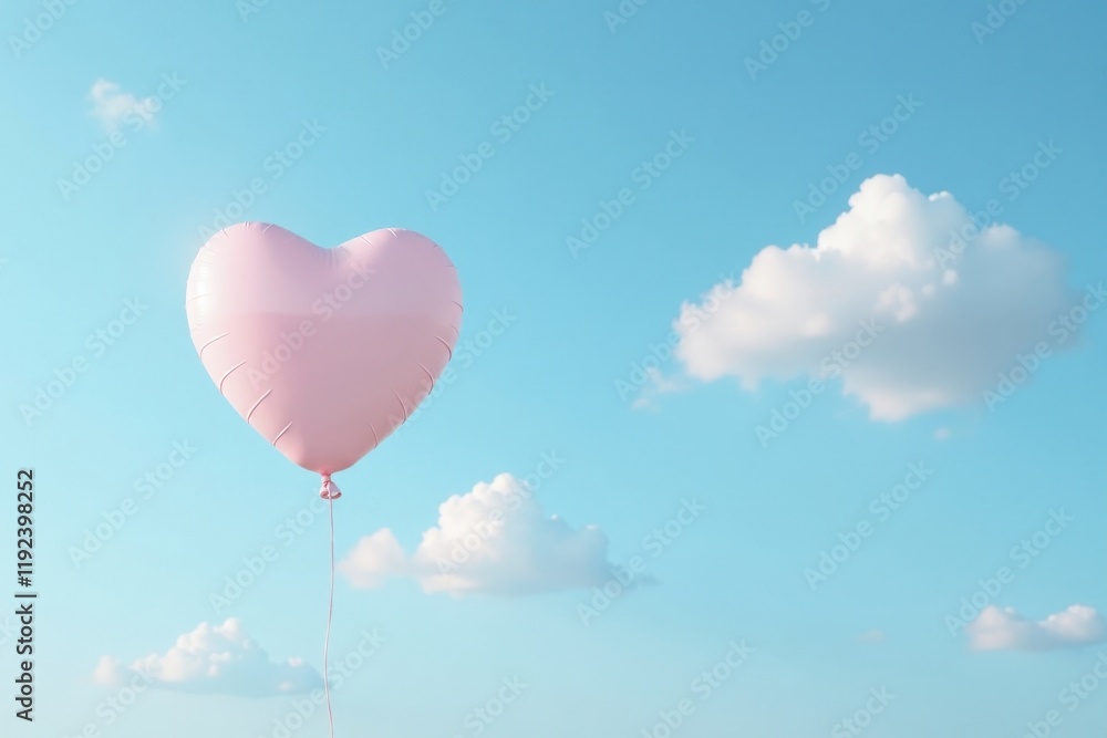 Obraz premium A gentle pink heart-shaped balloon floats serenely against a backdrop of a clear blue sky, adorned with fluffy white clouds, evoking feelings of love, hope, and dreams.