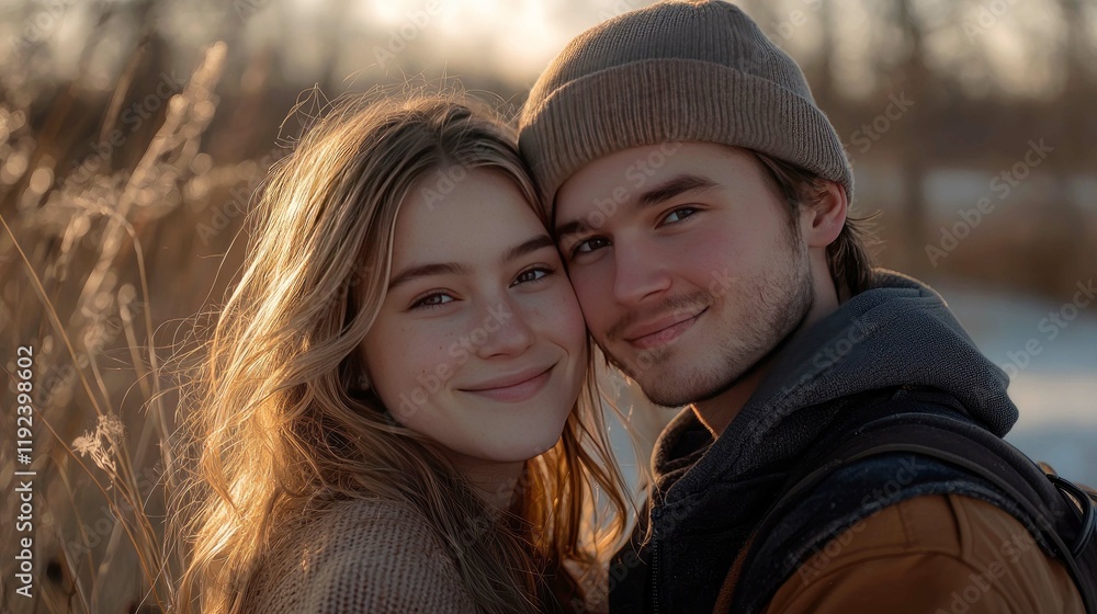 Obraz premium Romantic Couple Portrait: Young Love in Winter Wonderland. A tender moment of intimacy and affection captured in a beautiful outdoor setting.