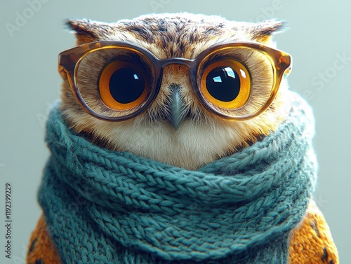 Adorable owl wearing glasses and a teal knitted scarf; perfect for winter-themed projects, children's books, or websites needing a cute, wise mascot. photo