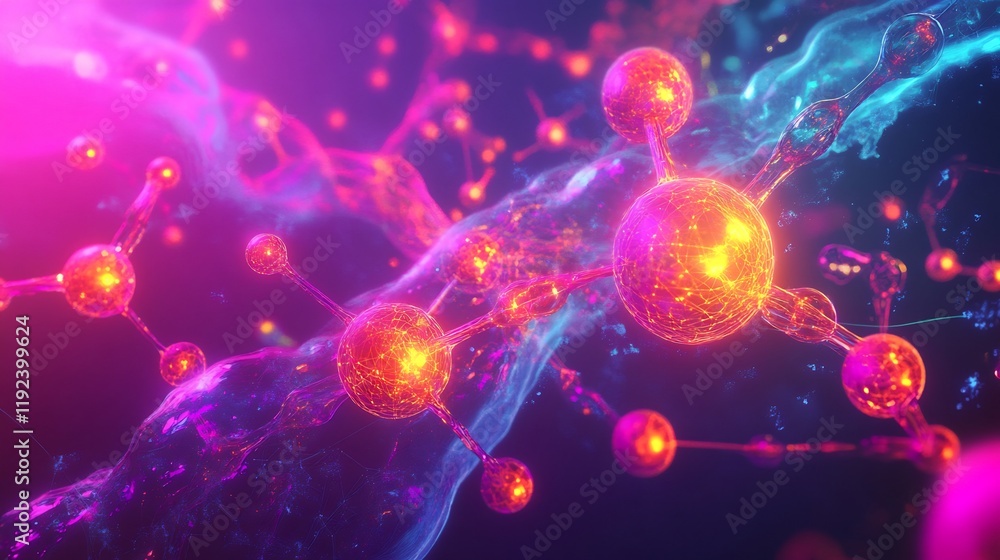 Fototapeta premium Vibrant depiction of quantum chemistry hybridization VSEPR theory with glowing valence electrons
