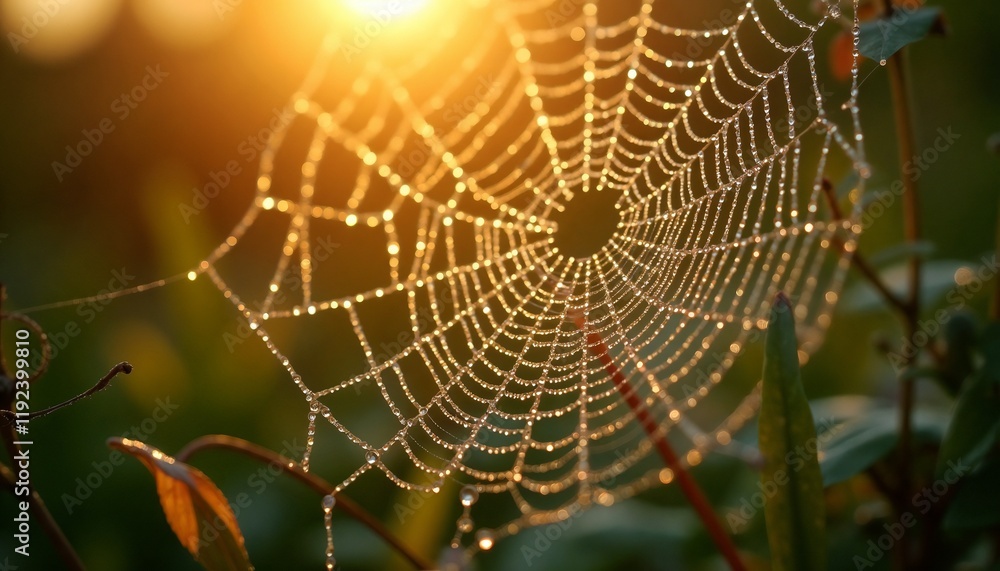 Morning dew on cobweb sparkling in golden dawn light Morning dew on cobweb sparkling in golden dawn light