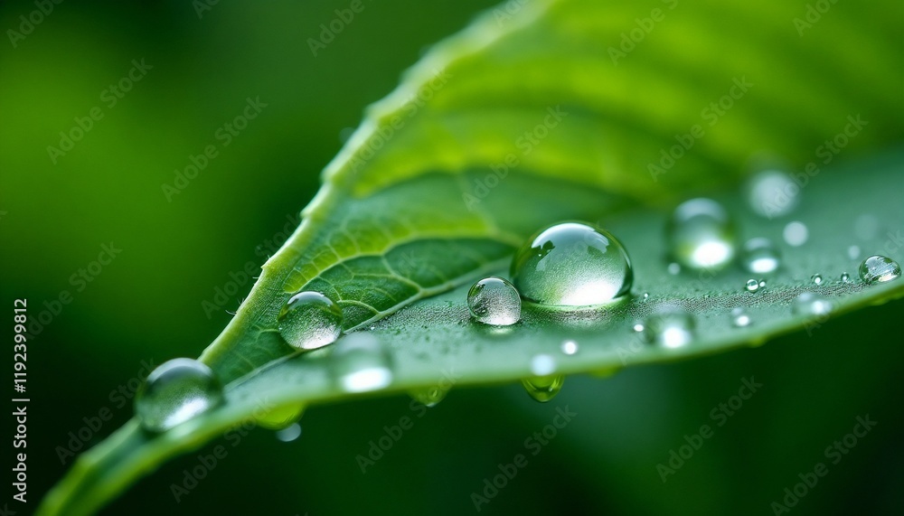 Morning dew droplets on green leaf with visible textures and veins Morning dew droplets on green leaf with visible textures and veins